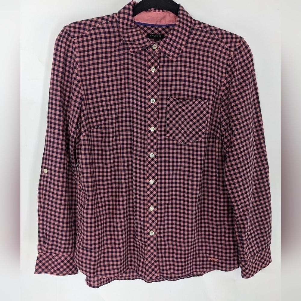 TALBOTS Checked Roll Tab Long Sleeve Button Down Shirt